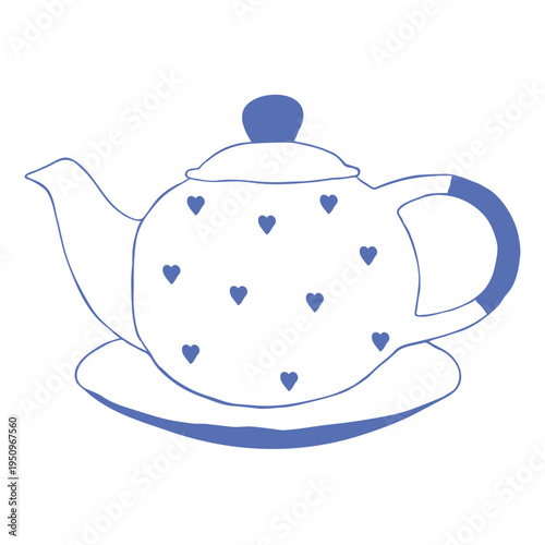 Whimsical hand drawn teapot with heart pattern in Mediterranean ceramic style. Cute doodle tea kettle illustration perfect for kitchen decor, cafe branding, tea packaging, menu design, stickers and co