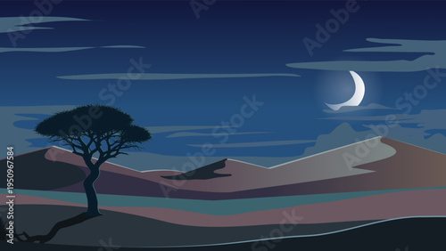 Minimalist desert night landscape with sand dunes, a lone tree, and a crescent moon. Stylized flat vector illustration for backgrounds.