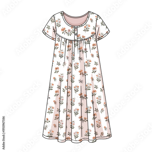 Floral patterned cotton nightgown isolated on a white background, showcasing a short-sleeve design with a flowy silhouette and soft pastel colors