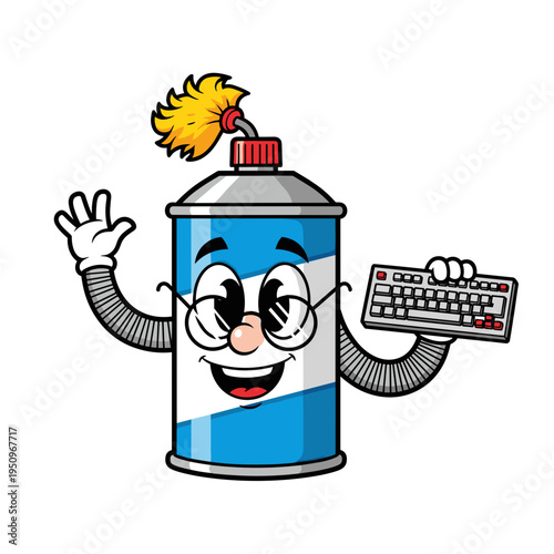Cartoon spray can character holding keyboard with duster on cap, cleaner concept isolated on white background