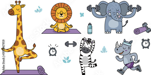 Cute Animal Fitness and Yoga Set with Giraffe Lion Elephant Zebra and Rhino Exercising Cartoon Vector Illustration for Kids Healthy Lifestyle and Workout Design