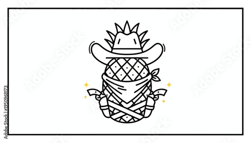 Funny Pineapple Cowboy Character with Bandana and Hat, Western Style