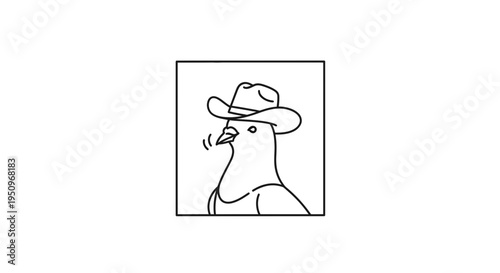 Funny Pigeon Wearing Cowboy Hat and Vest, Line Art Illustration