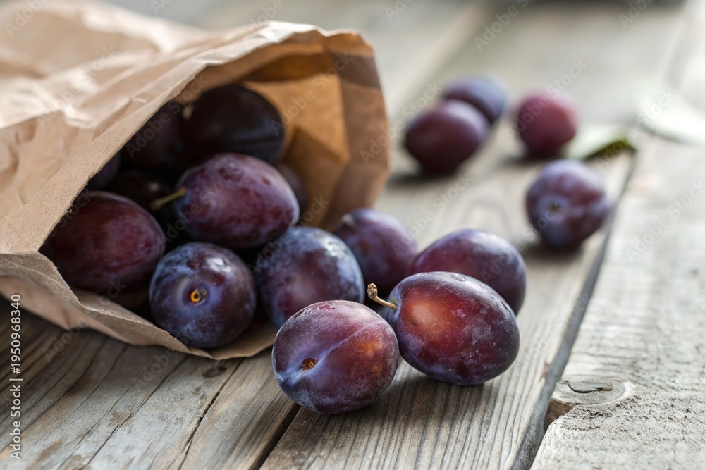 Fototapeta premium Fresh plums spill from a brown paper bag