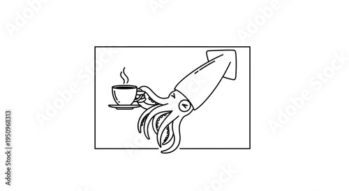 Funny Squid Holding Coffee Cup with Steam, Cartoon Style
