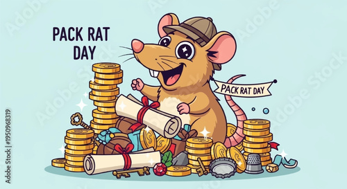 A cheerful cartoon mouse wearing a hat holds scrolls and surrounded by coins and treasures on pack rat day