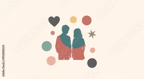 Loving couple silhouette with colorful hearts and shapes on beige background