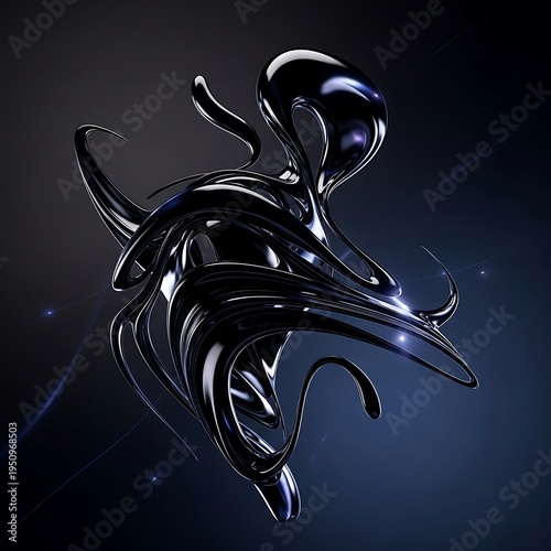 Highly polished, flowing abstract form swirls against a dark, gradient background