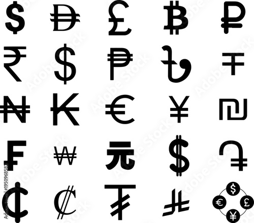 Collection of World Currency Symbols: Global Money Signs and International Financial Icons.