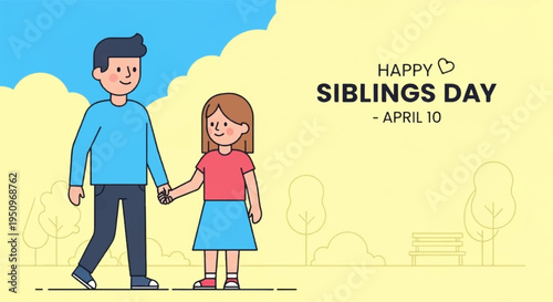 Happy siblings day brother and sister holding hands smiling blue sky background colorful illustration april 10 family bonding love relationship