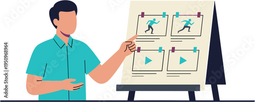 A man presents a video montage on a screen with four play buttons.