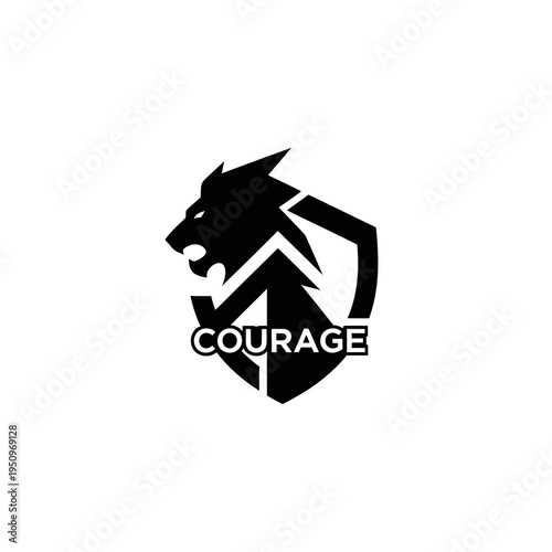 Black lion head logo with courage text.