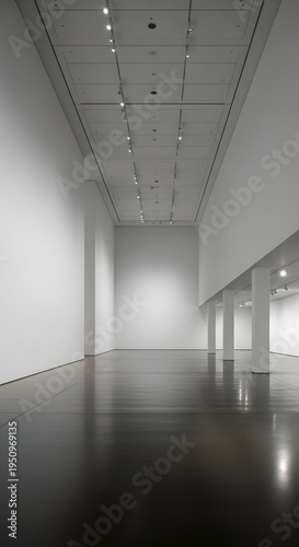 Empty modern art gallery hall with white walls and reflective floor