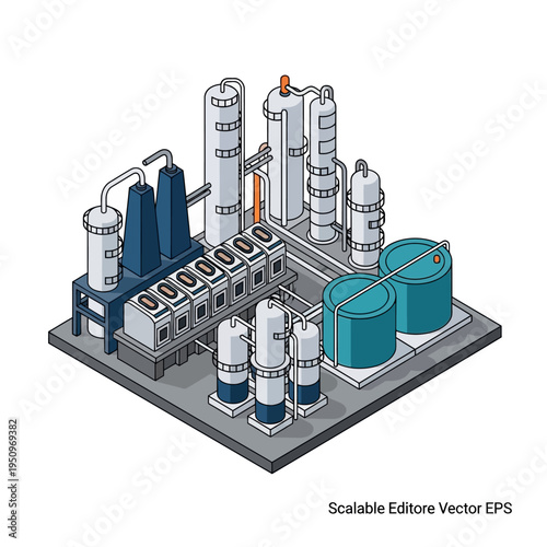 Isometric illustration of an industrial chemical processing plant with distillation towers, storage tanks, and processing units.