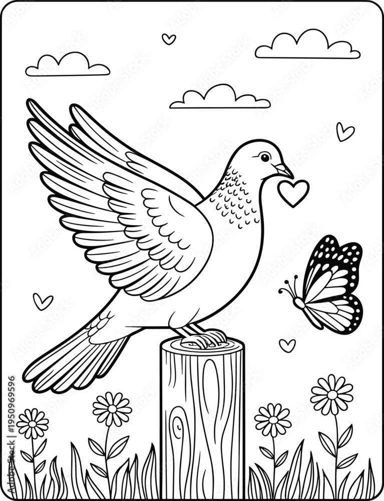 Fototapeta premium Flying Dove Holding Heart Coloring Page for Kids and Adults