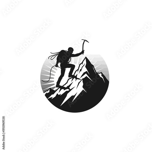 Person climbing mountain with ice axe.