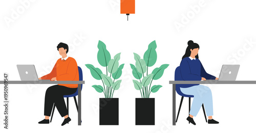 Modern office workspace illustration with people working on laptops, at desks, with green plants, and social distancing, isolated on white background