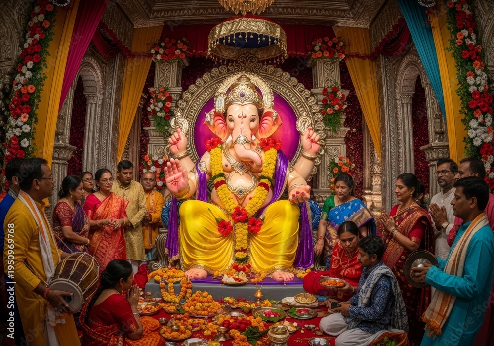 Fototapeta premium Group of Indian people praying to Ganesha idol during Ganesh Chaturthi festival. Devotees celebrate Hindu holiday with flowers and music. Traditional religious ceremony in temple.