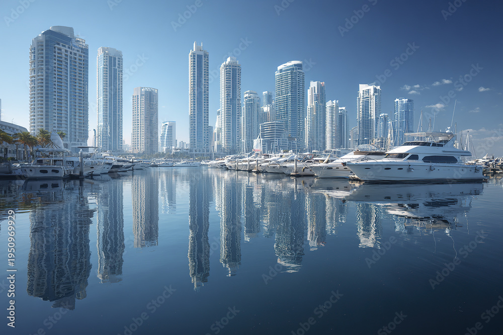 Fototapeta premium Luxury yacht marina city skyline reflection water high rise buildings clear sky