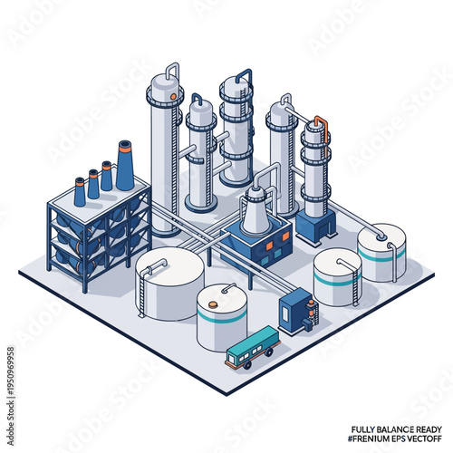 Isometric illustration of a modern industrial chemical processing plant with distillation columns, storage tanks, and pipelines.