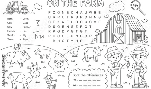 Educational Farm Themed Activity Sheet for Kids Coloring and Word Sear