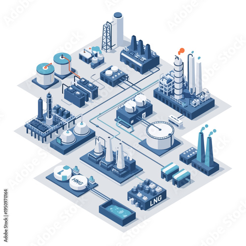 Isometric illustration of a complex industrial facility, showcasing interconnected processing units, storage tanks, and pipelines for energy production and distribution.