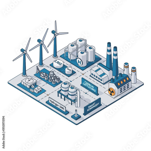 Isometric illustration of a futuristic sustainable energy production and distribution complex, showcasing wind turbines, hydrogen storage, LNG facilities, and a nuclear power plant.
