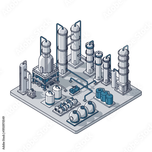 Isometric illustration of a complex industrial refinery with distillation towers, storage tanks, and piping systems on a concrete platform.