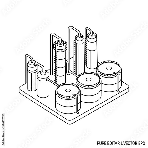 Isometric illustration of an industrial oil refinery with distillation towers and storage tanks, presented in a clean, editable vector format.