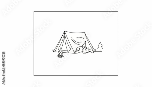 Funny fish wearing party hat camping with tent and campfire, cartoon style