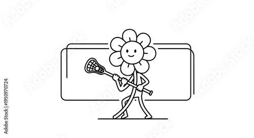 Funny Flower Character Playing Lacrosse with Stick and Ball, Simple Line Art