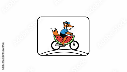 Funny fox riding a bicycle with watermelon wheels, cartoon style, healthy lifestyle concept