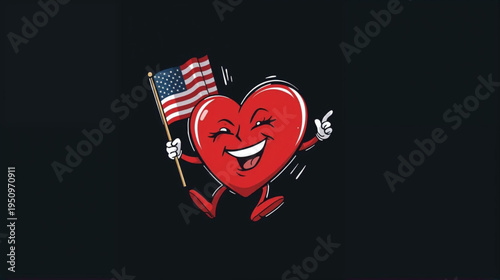 illustration a cartoon heart character holding american flag on black background