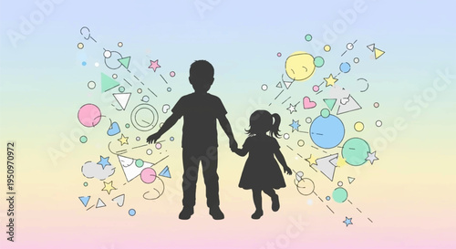 Silhouette of adult and child holding hands surrounded by colorful balloons and confetti on pastel background