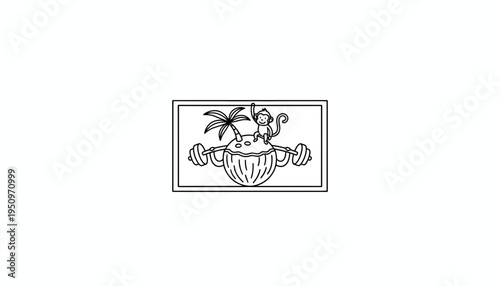 Funny Monkey on Coconut with Dumbbells, Tropical Fitness Concept