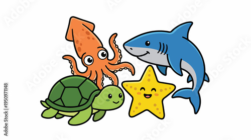 Cute cartoon sea creatures including a shark, octopus, turtle, and starfish.