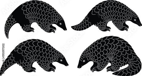 Pangolin animal illustration, wildlife conservation icon, endangered species vector, black silhouette design, nature protection graphic, exotic mammal artwork, biodiversity symbol