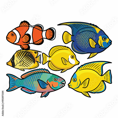 Collection of colorful tropical reef fish, including a clownfish, angelfish, butterflyfish, tang, and parrotfish, depicted in a flat vector illustration style.