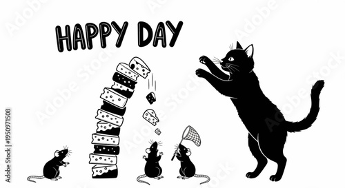 Black cat and mice celebrate happy day with cake festive scene with joyful animals