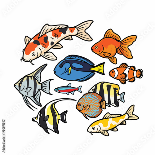 A vibrant collection of diverse freshwater and saltwater aquarium fish, illustrated in a charming cartoon style.