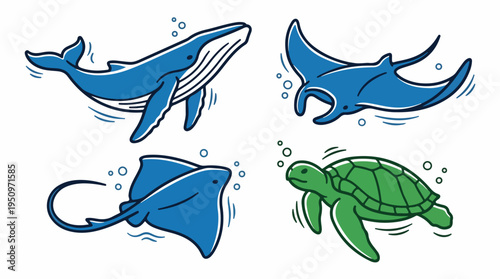 A collection of stylized marine animals including a whale, two stingrays, and a sea turtle, depicted in a playful, cartoonish style.