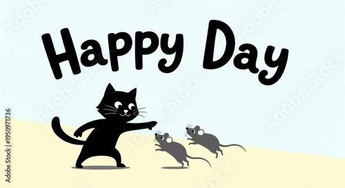 Black cat playfully interacts with two gray mice on sandy ground with happy day text