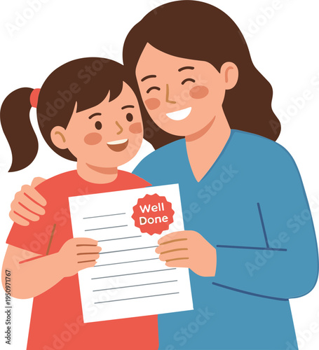 A woman and a girl are happily holding a well done certificate together indoors.