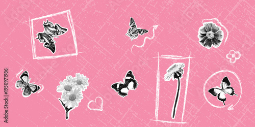A set of vintage-style black and white drawings featuring a butterfly and flower on a simple pink background. Trendy halftone collage. Artistic sticker collection for scrapbooking, creative design