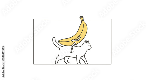 Funny Banana Riding Cat Cartoon Illustration