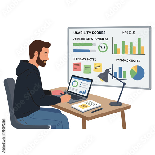 A man works on laptop at desk with chart display