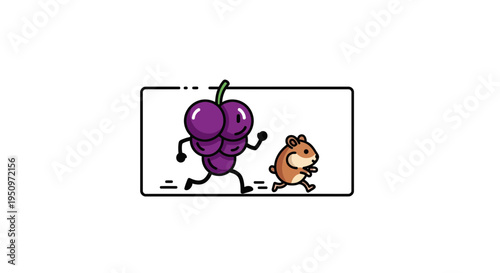 Funny cartoon grape and hamster running together, playful illustration, white background
