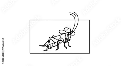 Funny cartoon grasshopper wearing a cowboy hat, line art illustration