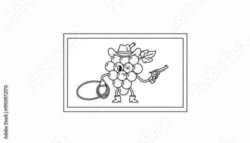 Funny cartoon grape cowboy with a lasso and gun, winking