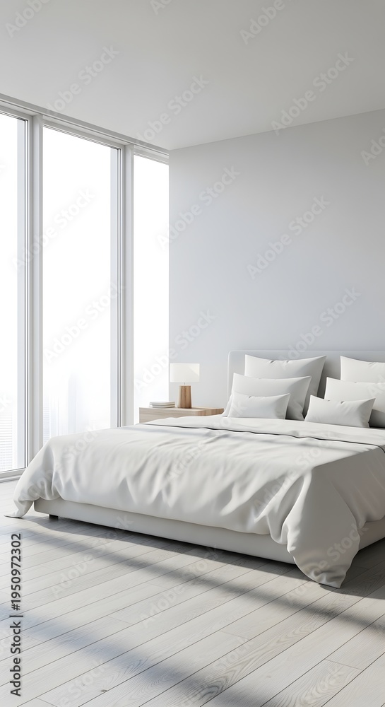 Fototapeta premium Modern minimalist bedroom with white bedding and large window